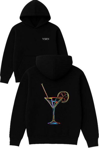 VSRN تصميم الكوكتيل مطبوع قصة فضفاضة سويت شيرت أسود بغطاء رأس