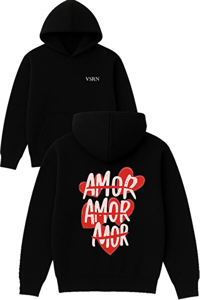 VSRN سويت شيرت amor amor Design مطبوع قصة فضفاضة أسود بغطاء رأس