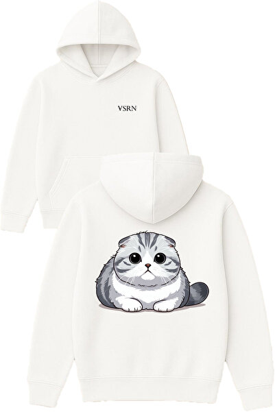 VSRN Hanorac alb supradimensionat cu glugă, cu imprimeu British Cat Design