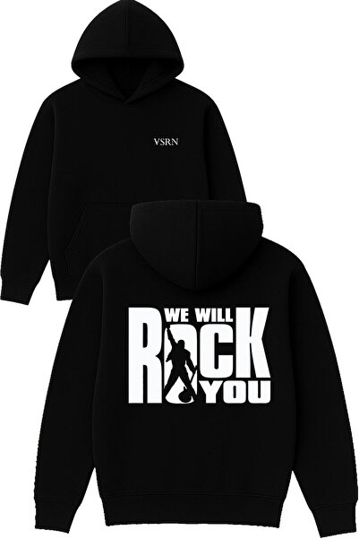 VSRN Te vom rocka! Hanorac negru supradimensionat cu glugă și imprimeu.
