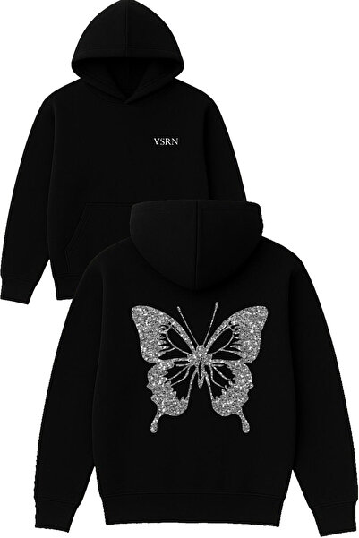 VSRN Hanorac negru supradimensionat cu glugă, cu imprimeu design fluture argi...