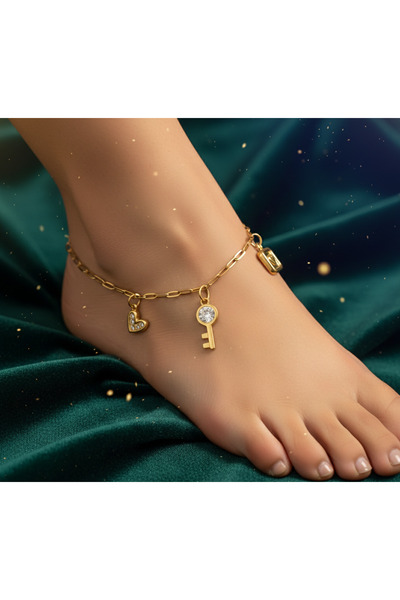 BANEDETTA New Season Key and Heart Charm Trend Zircon Stone Steel Anklet