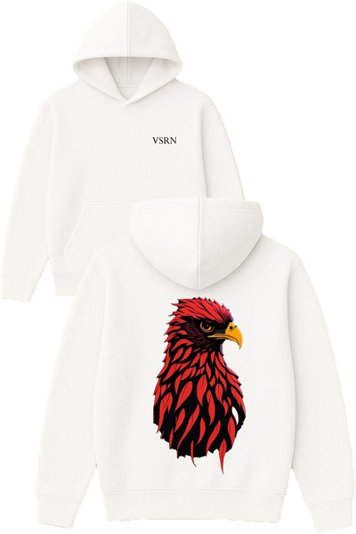 VSRN Red Hawk Design Printed Oversized White Hooded Sweatshirt