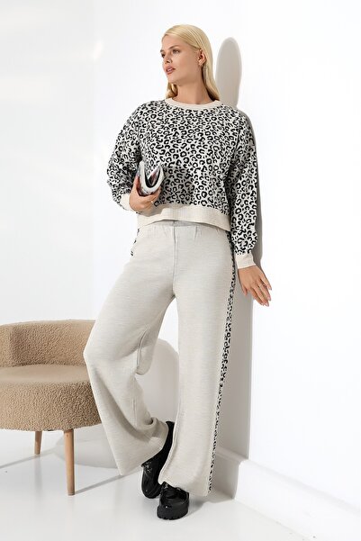 aytenli Round Neck Fits up to Size S XL Standard Size Leopard Print Knitwear Sweater Pants Practical Set