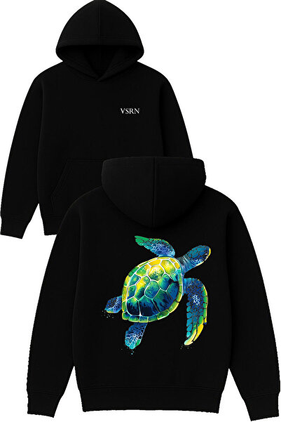 VSRN تصميم السلحفاة البحرية مطبوع قصة فضفاضة سويت شيرت أسود بغطاء رأس