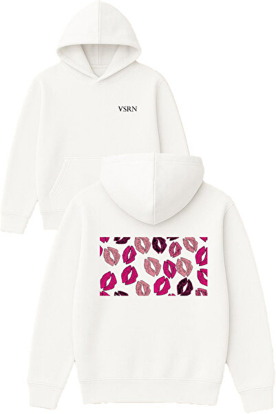 VSRN تصميم آثار أحمر الشفاه مطبوع قصة فضفاضة سويت شيرت أبيض بغطاء رأس