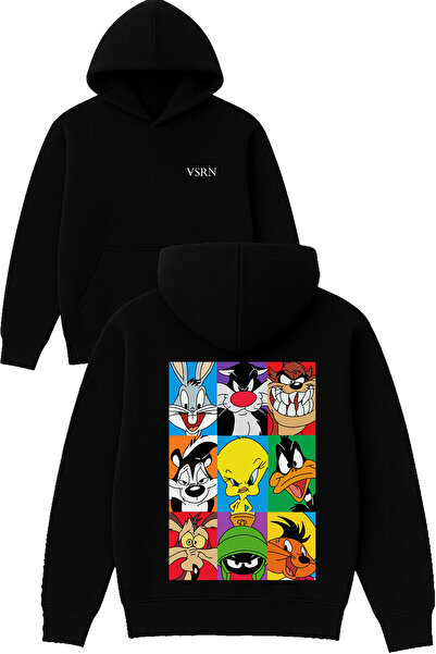 VSRN 9 لايف ديزاين مطبوع قصة فضفاضة سويت شيرت أسود بغطاء رأس