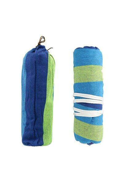 buz Double Cotton Hammock with Wooden Ends and Ropes, Blue-Green