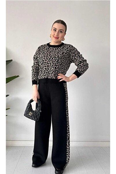 aytenli Round Neck Fits up to Size S XL Standard Size Leopard Print Knitwear Sweater Pants Practical Set