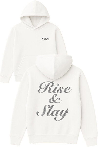 VSRN Hanorac alb supradimensionat cu glugă, cu imprimeu design  "rise and slay "