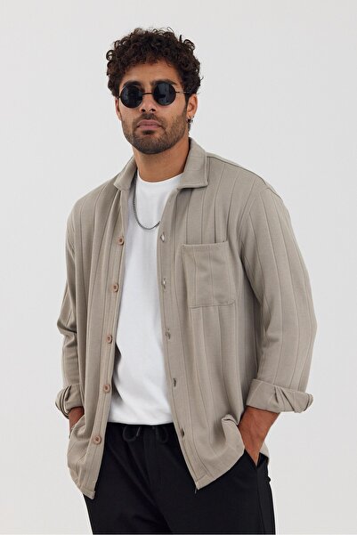 İLKCET MODA Men's Beige Regular Shirt with Front Pocket