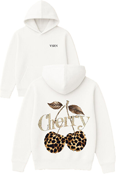 VSRN سويت شيرت بتصميم ليوبارد تشيري مطبوع قصة فضفاضة أبيض بغطاء رأس