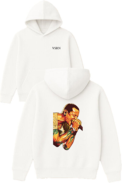 VSRN Sweatshirt alb supradimensionat cu glugă, imprimat cu design cântăreților
