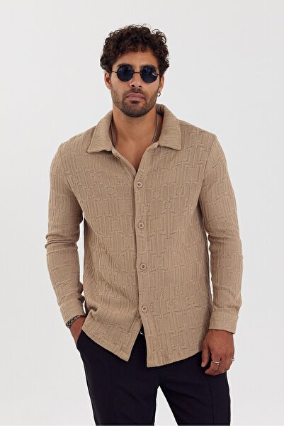 İLKCET MODA Jacquard Beige Men's Regular Patterned Shirt