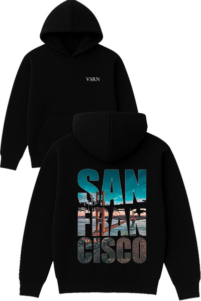 VSRN Hanorac negru supradimensionat cu glugă, imprimat cu design peisaj San F...