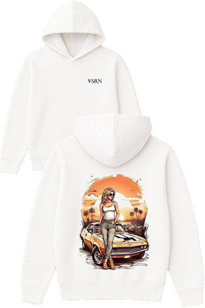 VSRN Hanorac cu glugă alb, supradimensionat, imprimat, cu design clasic, pent...