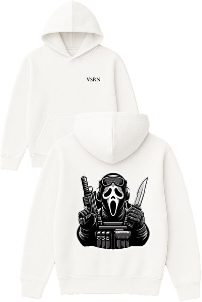 VSRN Ghost Commando Design Printed Oversized White Hooded Sweatshirt