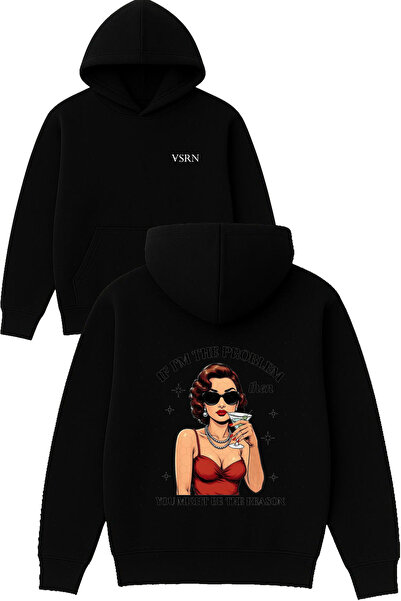 VSRN Hanorac negru supradimensionat cu glugă, cu imprimeu design "if im problem"