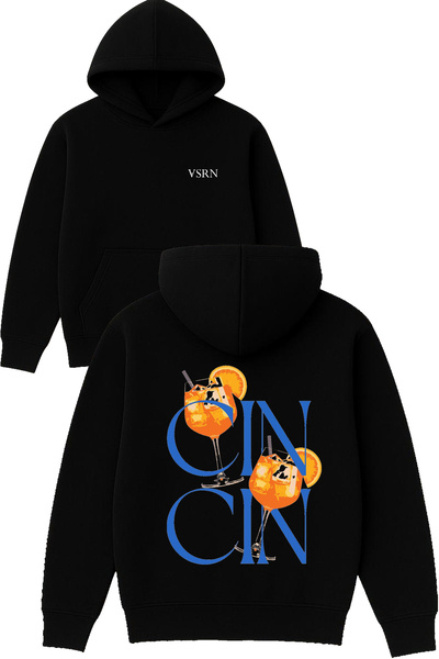 VSRN Hanorac negru supradimensionat cu glugă, imprimat cu design cin cin
