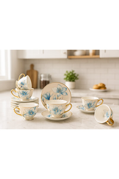 Edora Home Türk Kahve Fincanı Vintage Esintili Çift Renkli Mavi Çiçek Şık Des...