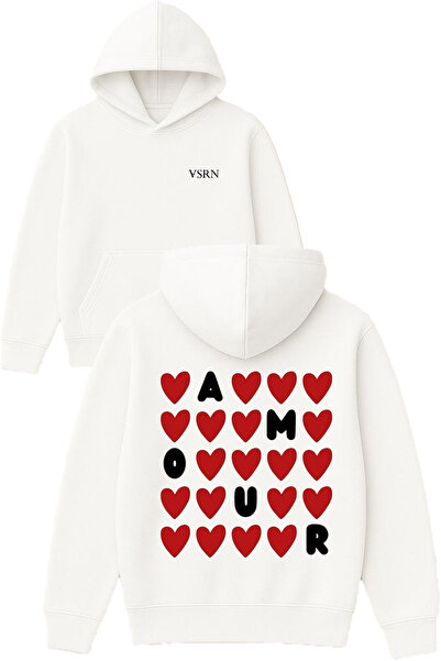 VSRN Hanorac alb supradimensionat cu glugă, cu imprimeu design Hearted Amour