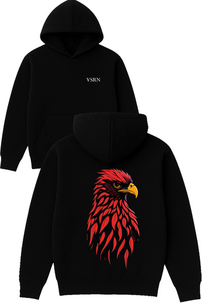 VSRN Red Hawk Design Printed Oversized Black Hooded Sweatshirt
