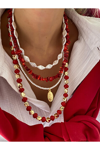 Lucky Designs Gold Doğal Taş Detay Üçlü Set Kolye/ Kadın Çoklu Set Kolye