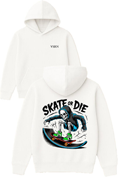 VSRN Hanorac alb supradimensionat cu glugă, cu imprimeu design  "skate or die "