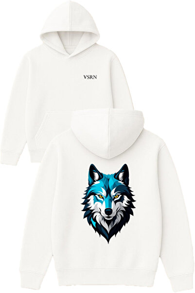 VSRN Blue Wolf Design Hanorac alb supradimensionat cu glugă și imprimeu