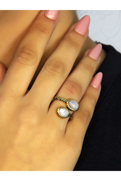 esha Natural Stone Moonstone Antique Model Women's Adjustable Ring with Double Natural Stones Euy75Ay