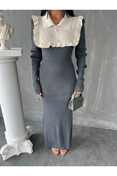 GİYSİ DÜNYASI 57 Triko Fabric Pola Collar Full-Length Dress