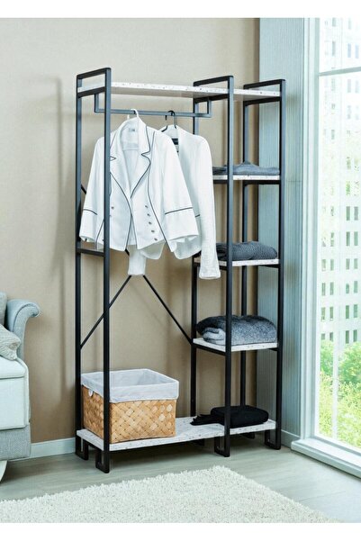 Bye Concept More DEKORATİF METAL AYAKLI BEYAZ AHŞAP RAFLI ELBİSE ASKILIĞI AYAKKABILIK PORTATİF PORTMANTO GARDIROP