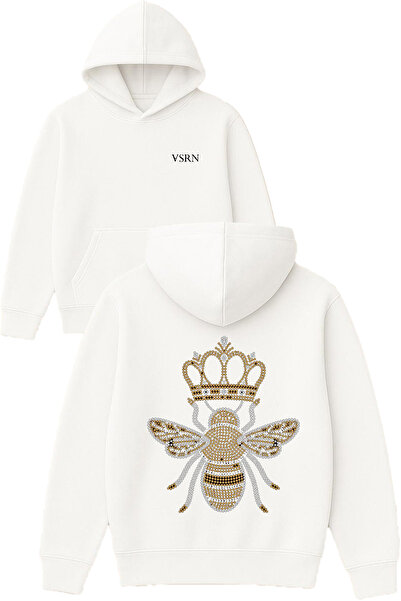 VSRN Queen Bee Design Printed Oversized White Hooded Sweatshirt