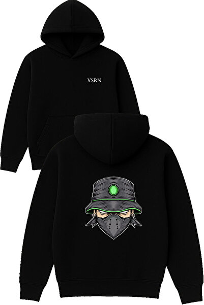 VSRN Hanorac negru supradimensionat cu glugă, cu imprimeu design Masked Man