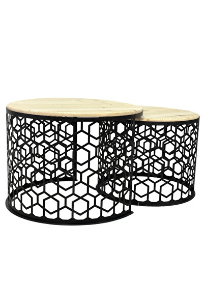 buz Round coffee table set, 2-piece, with wooden top, extendable