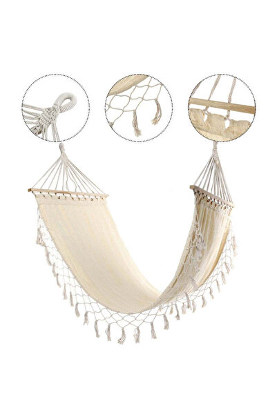 buz Garden/Terrace Hammock with Fringes, Wooden Frame, Cream, 80 x 200