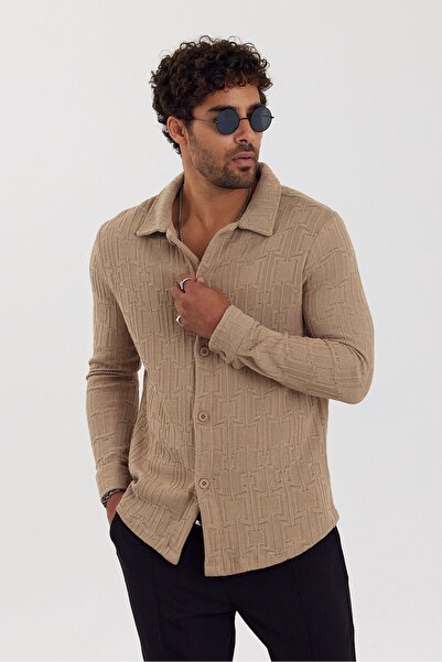 İLKCET MODA Jacquard Beige Men's Regular Patterned Shirt