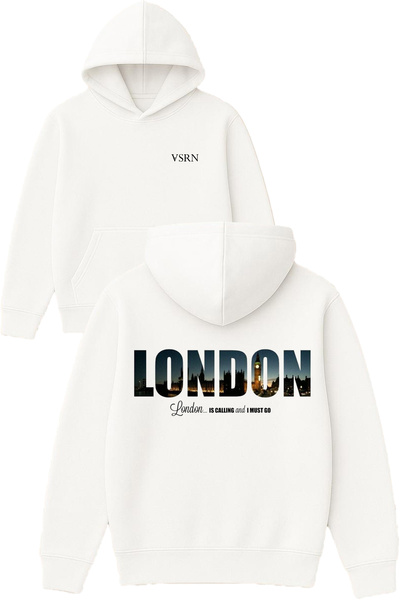 VSRN Hanorac alb supradimensionat cu glugă și imprimeu design, „London îți ch...