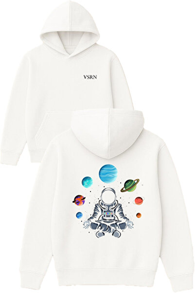 VSRN تصميم رائد الفضاء والكواكب مطبوع قصة فضفاضة سويت شيرت أبيض بغطاء رأس