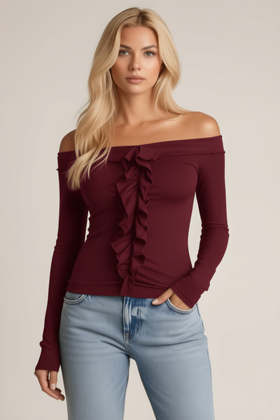 ecemore بلوزة مادونا بأكمام طويلة وتفاصيل كشكشة على الواجهة الأمامية