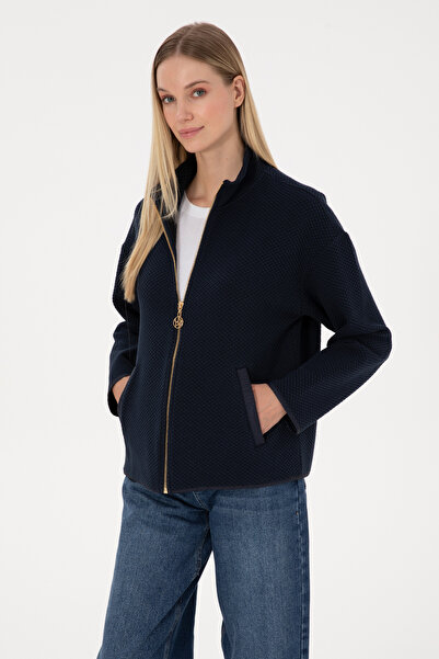 U.S. Polo Assn. سويت شيرت نسائي باللون الأزرق الداكن بسحاب ياقة مرتفعة متوسطة الطول 50314173-VR033