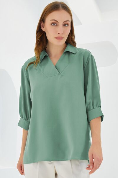 Hiccup Bdart Polo Neck Loose Fit Three Quarter Sleeve Blouse