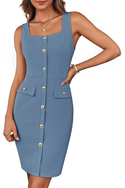 GRACE KARIN Rochie elegantă, peste genunchi, fără mâneci, mulată, albastră, m...