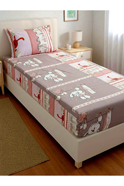 CollessiaHome 100% Cotton Satin Rabbit Fitted Single Youth Children's Elastic Sheet Set Sheet Set