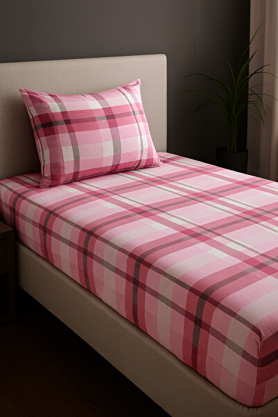 CollessiaHome 100% Cotton Poplin Plaid Patterned Single Fitted Sheet Set Sheet Set