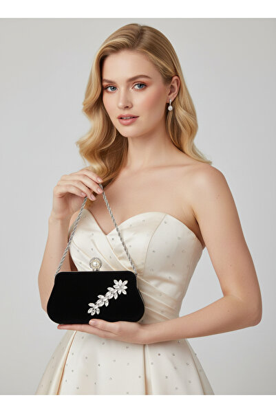 Biçanta Geantă de seară din piele intoarsa neagra: geanta de seara cu cristal...