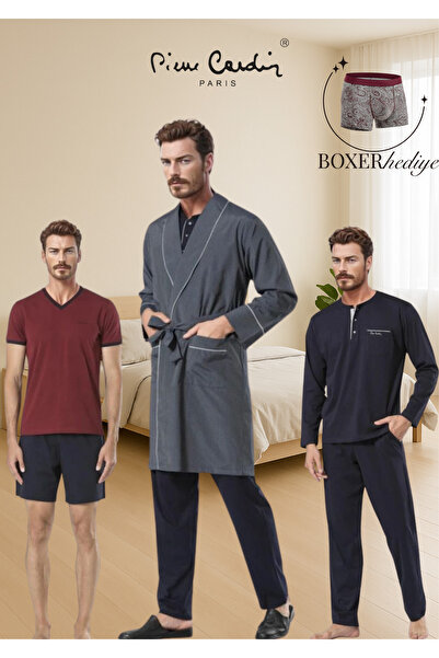 Pierre Cardin Men's Clothing Boxed 5-Piece Robdöşambr & Summer - Winter Pajama Set (Modal Boxer with Gift)