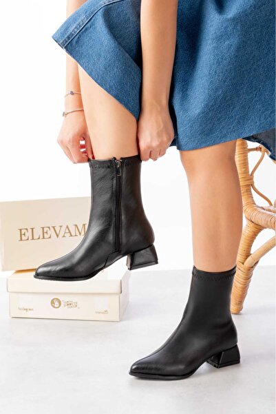 ELEVAM Kadın Günlük Streç Sivri Burun Suni Deri Bot