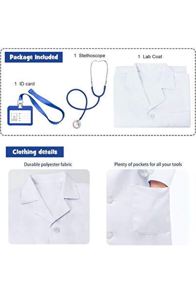 genernic Kids White Lab Coat Doctor Costume with Working Stethoscope and ID Card - HTVYYDS