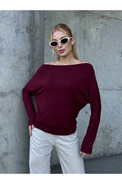 Le Savu Trendy Asymmetrical Long Sleeve Loose Fit Burgundy Blouse